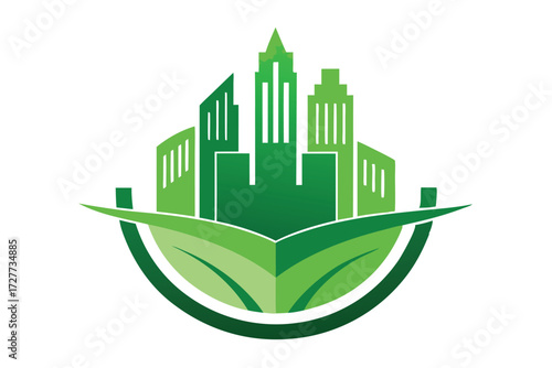 Green buildings rise above lush leaves forming an environmentally conscious skyline concept