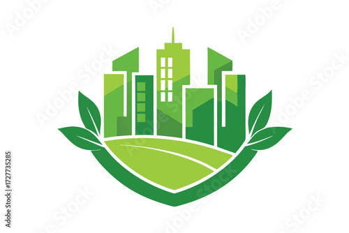 Green buildings and foliage symbolize ecofriendly development with an innovative sustainable energy plan