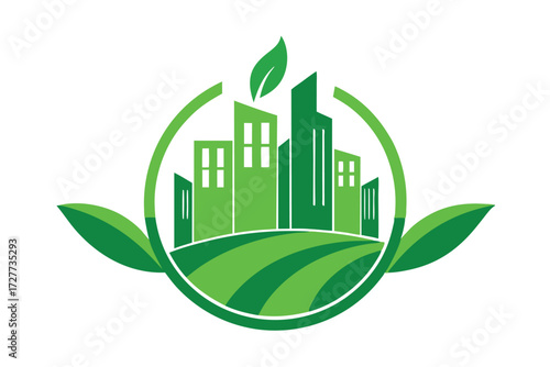 Green buildings rise above rolling hills framed by leaves in a circular design