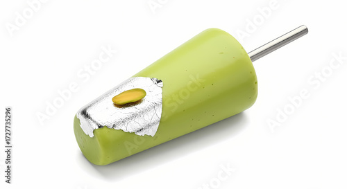 Kulfi popsicle with pistachio and silver leaf in bright studio lighting on white background for dessert advertising