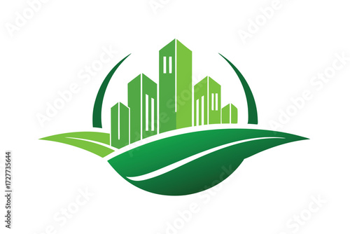 Green buildings rise behind two large leaves creating an nature friendly urban concept