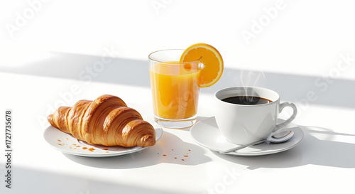 Croissant and coffee with orange juice in bright morning light on white table for breakfast.