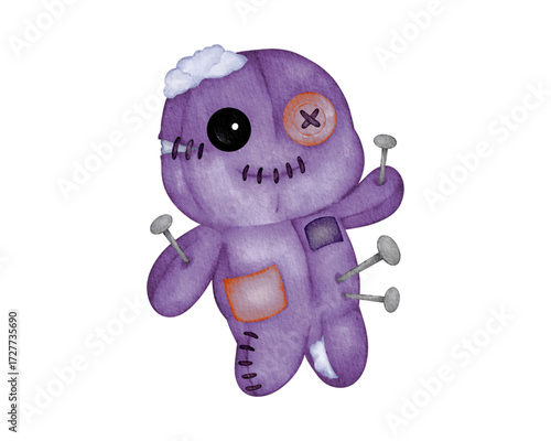 A spooky watercolor illustration of a purple voodoo doll with pins and a button eye, a creepy occult symbol for Halloween