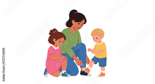 Cartoon Police Officers in Uniform Pointing and Gesturing.