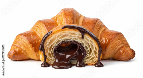 Chocolate croissant with molten filling in rich brown and golden hues on a clean white background for bakery advertising.