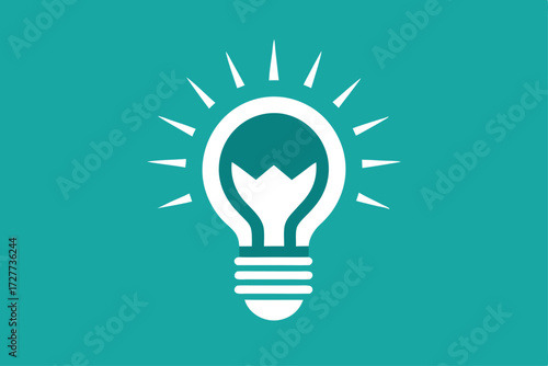 A white light bulb emitting light rays against a teal blue background stands centered