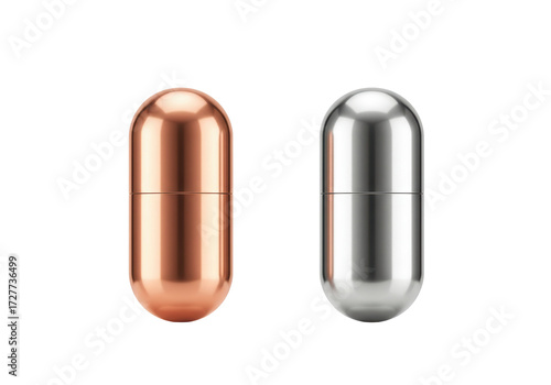 Two metallic capsules isolated on transparent background, copper and silver medicine pills PNG