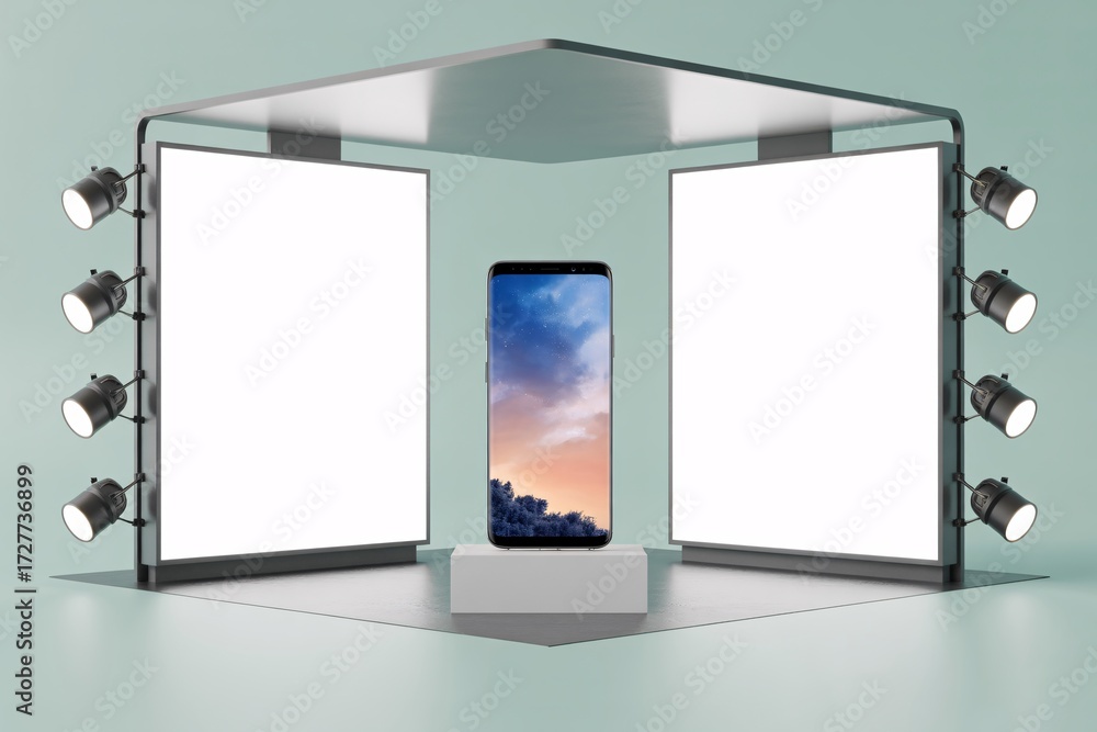Fototapeta premium Smartphone display with two blank boards and spotlights on a stage with a light green background