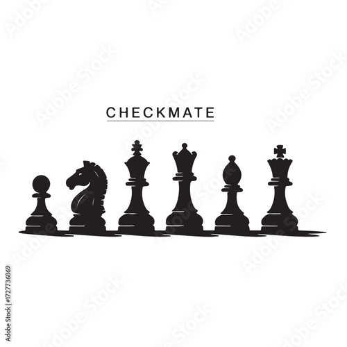Silhouette of chess pieces in a row isolated on white background