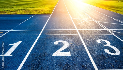 Blue running track with white numbers and dividing lines, green grass, bright sun