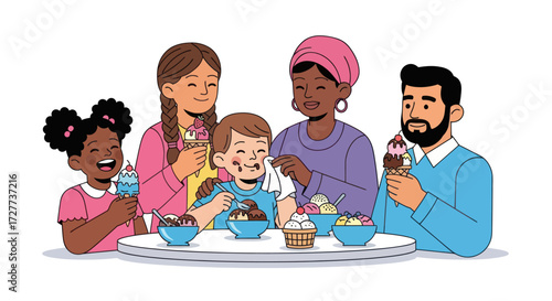 Cheerful diverse children holding and enjoying different ice cream desserts.