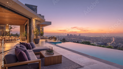 Luxurious Hilltop Mansion Terrace with Infinity Pool Overlooking the Vibrant Los Angeles Cityscape at a Breathtaking Sunset Hour, Epitomizing Exclusive Real Estate and High-End Lifestyle