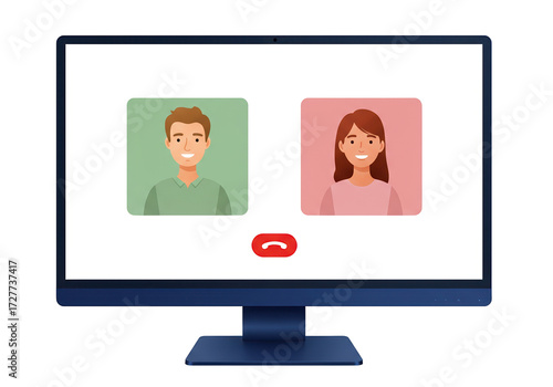 Video call on computer screen isolated, online meeting with man and woman PNG