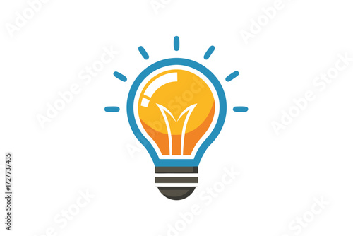 The isolated yellow and orange light bulb with glowing blue aura on white