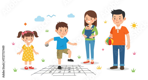 A happy cartoon family with two children and a baby playing hopscotch together outdoors.