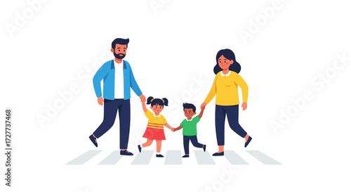 A happy cartoon family with a son and daughter holding hands while walking on a crosswalk.