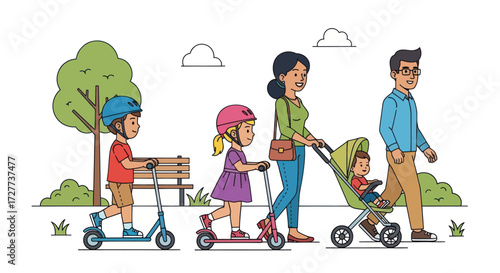 Happy family enjoying a sunny day with children on scooters and a stroller.