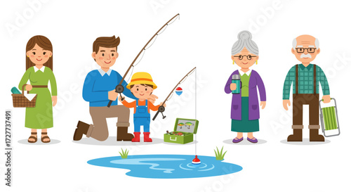 Happy multi-generational family cartoon fishing together.