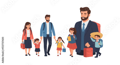 Family Group with Children Parents and Luggage Ready for Travel.