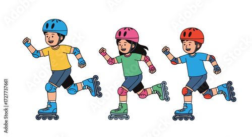 Colorful cartoon illustration of three happy children rollerblading with helmets and protective gear.