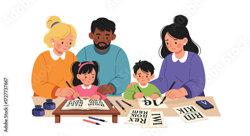 A diverse multiracial family with two children learning the art of calligraphy together at a table.