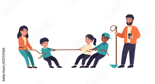 Diverse group of children and adults engaged in a lively tug-of-war game.