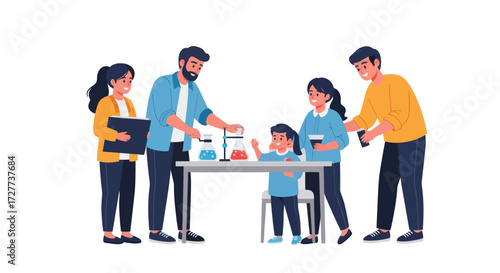 Diverse group of people engaged in a science experiment at a laboratory table.