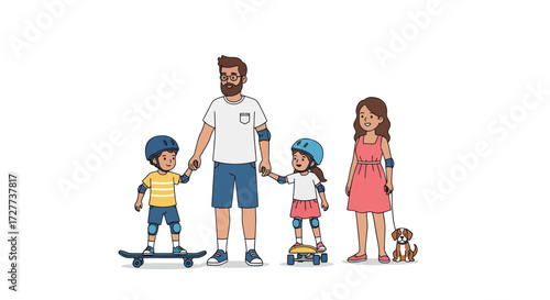 A cartoon illustration of a happy family with a dog enjoying a day of skateboarding and roller skating.