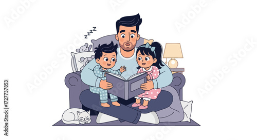Loving father reads bedtime story to two young children illustration.