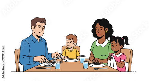 Family Dining Together at Table: Father Mother Son and Daughter Enjoying a Meal.