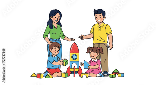 Family Building a Rocket Ship with Colorful Blocks.