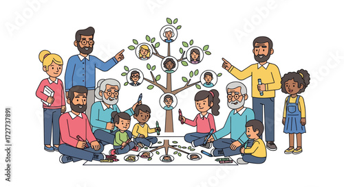 Diverse Cartoon Family Generations Gathered Around a Genealogical Tree.