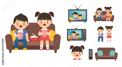 Children Watching TV and Eating Popcorn on a Sofa.