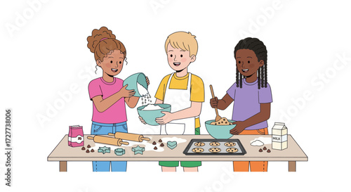 Diverse Children Happily Baking and Decorating Cookies Together.