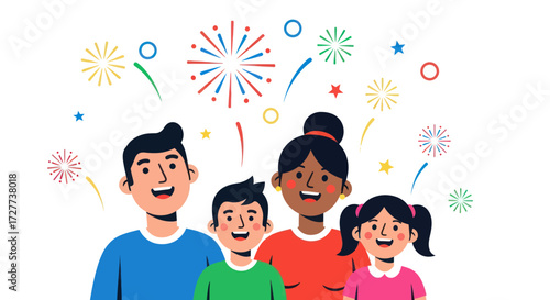 A happy diverse family of four celebrating together under a sky of colorful fireworks.