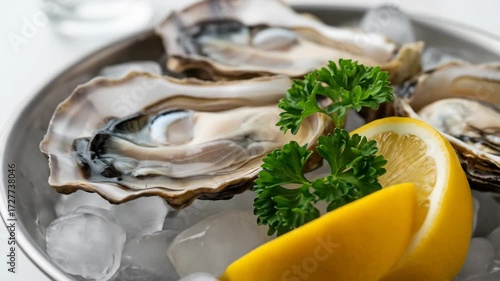 Fresh oysters on ice with lemon and parsley, food presentation