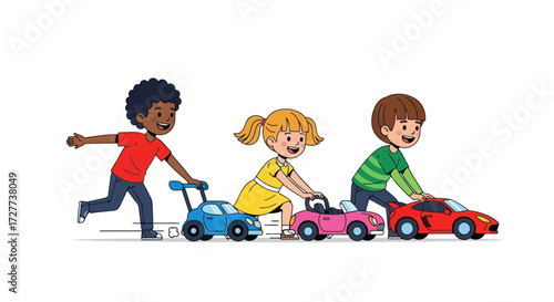 Happy diverse cartoon children playing and racing with colorful toy cars.