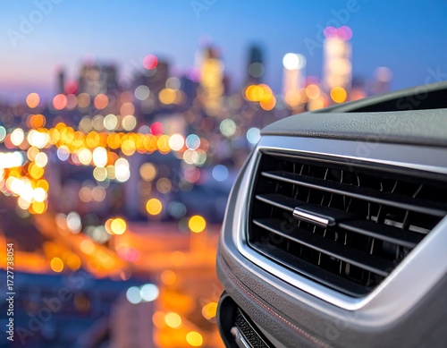 Car grille at dusk, city lights out of focus