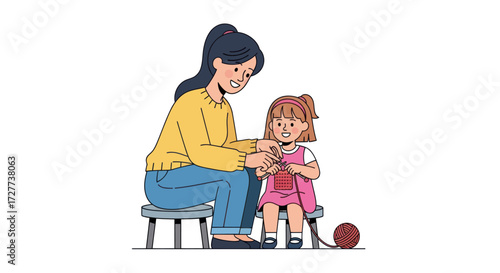 Mother and daughter happily knitting together learning a craft.