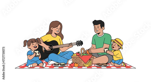Happy Family Picnic with Mother Playing Guitar on Checkered Blanket.