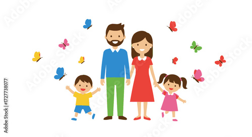 Happy Cartoon Family with Children and Colorful Butterflies.