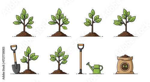 Collection of Seedlings Gardening Tools and Soil Bag.