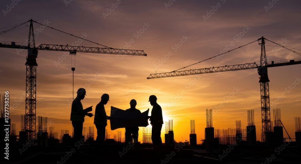Fototapeta premium Sunset backdrop with silhouettes of builders at worksite.