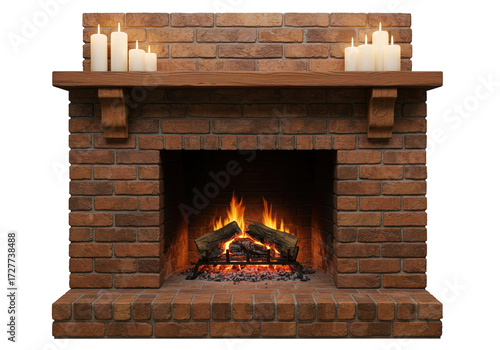 Tableau sur toile Brick fireplace with burning logs and candles isolated on transparent background