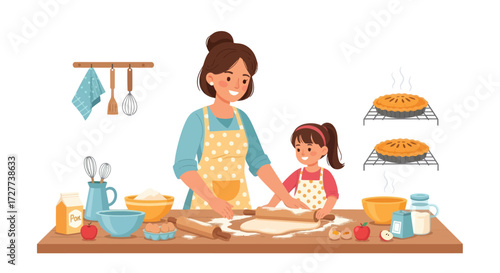 A diverse set of cartoon chefs and bakers with various ingredients and kitchen tools for making dough.