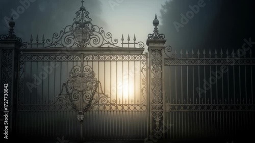 Ornate metal gate with crests, standing in eerie foggy atmosphere