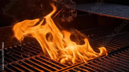Flames rise from a metal grill, casting a warm glow in the darkness.