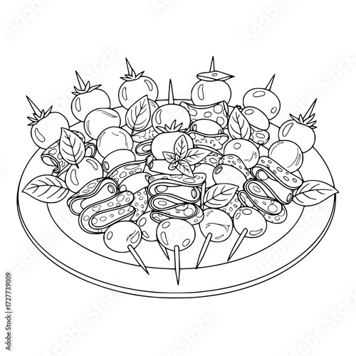 Assorted antipasto skewers arranged on a plate in line icon style  