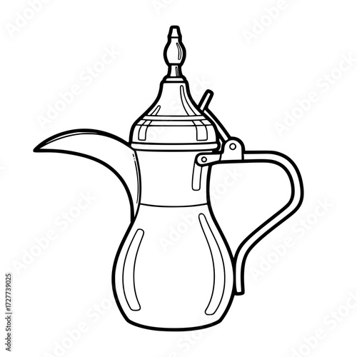 Arabian coffee pot in minimalistic black and white line icon design  