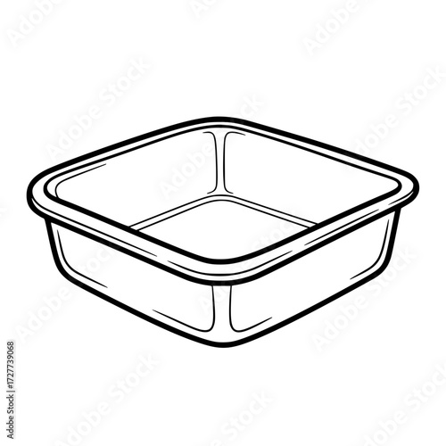 Vintage square baking dish outlined in minimalist black and white design  